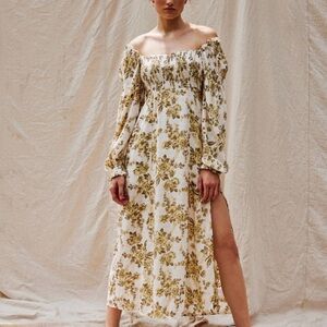 Free People Off-Shoulder Floral Dress in Cream and Gold